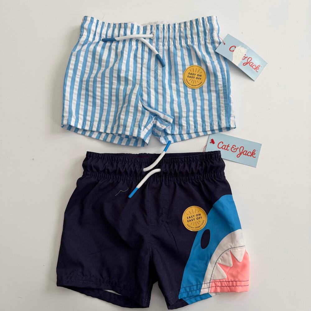 2x Cat & Jack swim trunks navy blue shark light blue and white vertical stripe